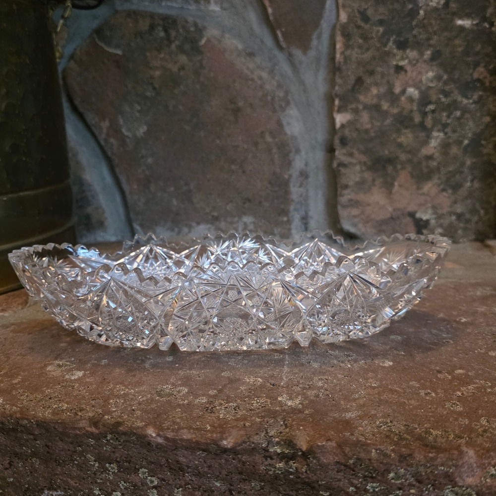 Vintage American Brilliant Style Cut Glass Oval Bowl Starburst Sawtooth Rim 9.5"